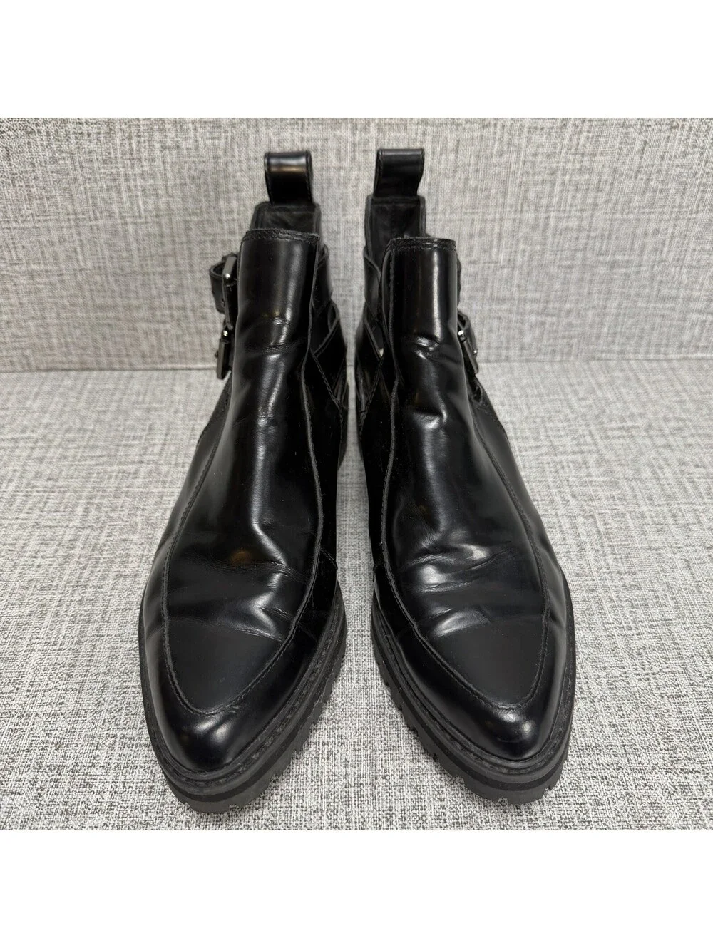 Clarks Boots Womens Size 7 Black Leather Chunky Lug Heel, Buckles, Ankle